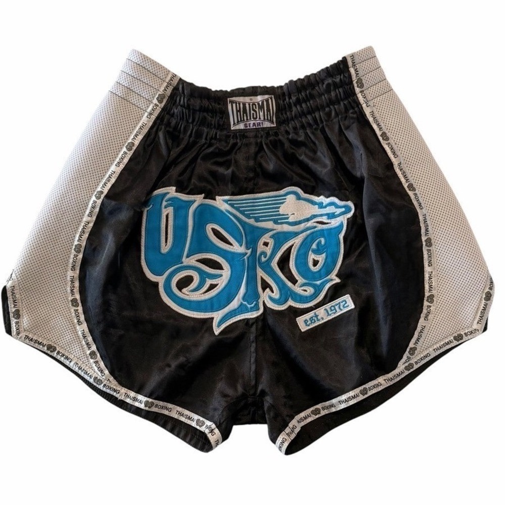 Thaismai USKO Muay Thai Boxing Shorts Black Satin L Vintage Aesthetic Est. 1972